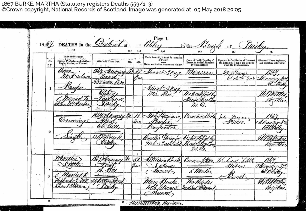 martha little ms burke d 1867 paisley widow richard little