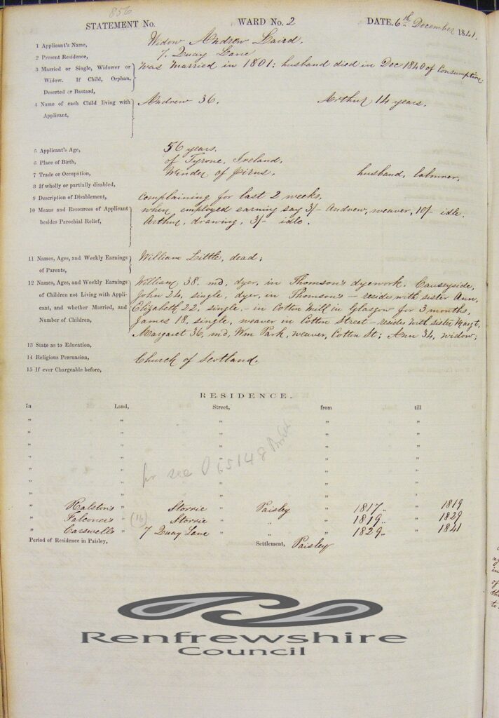 paisley poor law series 11 statement 856 widow andrew laird